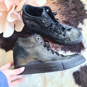 Converse Chuck Taylor Metallic Black/Silver Lux Mid Wedge High Top Sneakers 8